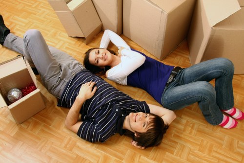Packed office boxes and equipment ready for delivery to a new workspace